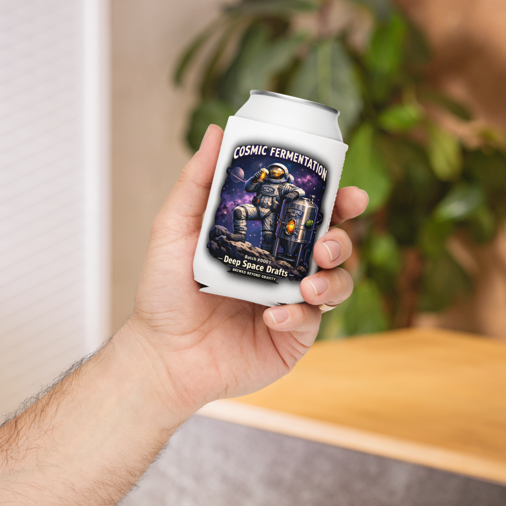 Hand holding a can in the Cosmic Fermentation Koozie featuring astronaut design from Deep Space Drafts.