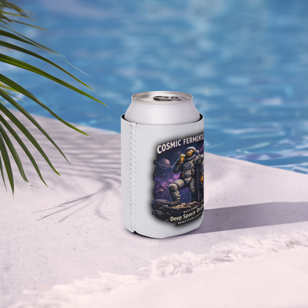 Cosmic Fermentation Koozie next to a pool with a can, featuring an astronaut design for keeping drinks cold.
