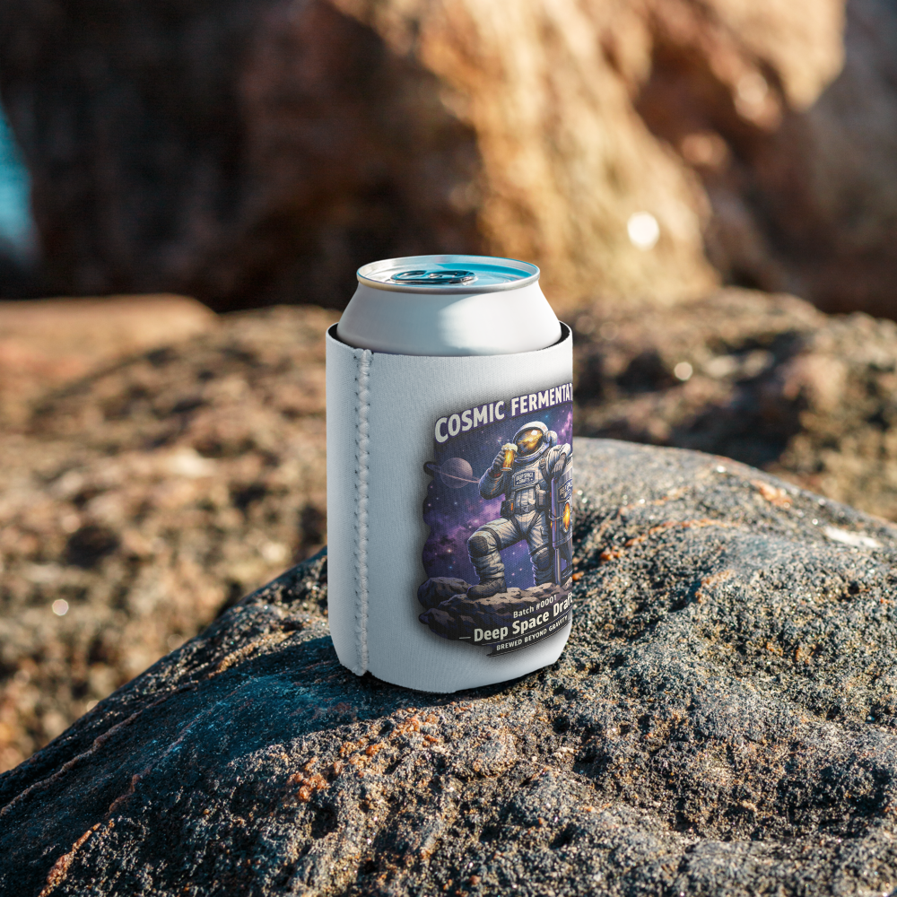Cosmic Fermentation Koozie on a rock, featuring astronaut design for keeping drinks cold in deep space.