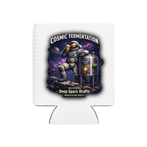 Cosmic Fermentation Koozie featuring an astronaut design with a cold drink in a cosmic background.
