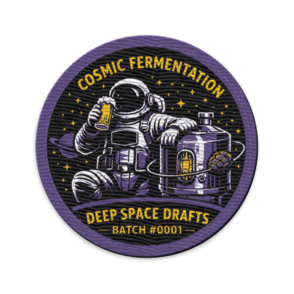 Cosmic Fermentation mission patch featuring astronaut with beer in a space setting, Batch #0001 of Deep Space Drafts.