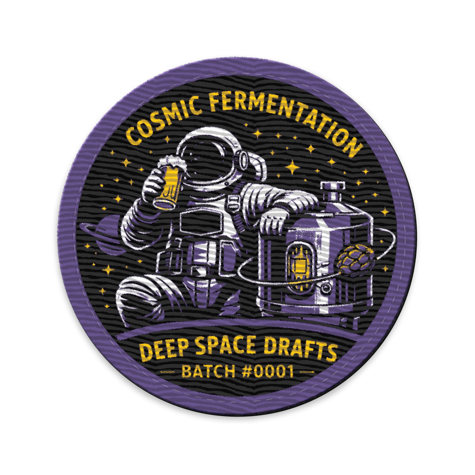 Cosmic Fermentation mission patch featuring astronaut with beer in a space setting, Batch #0001 of Deep Space Drafts.