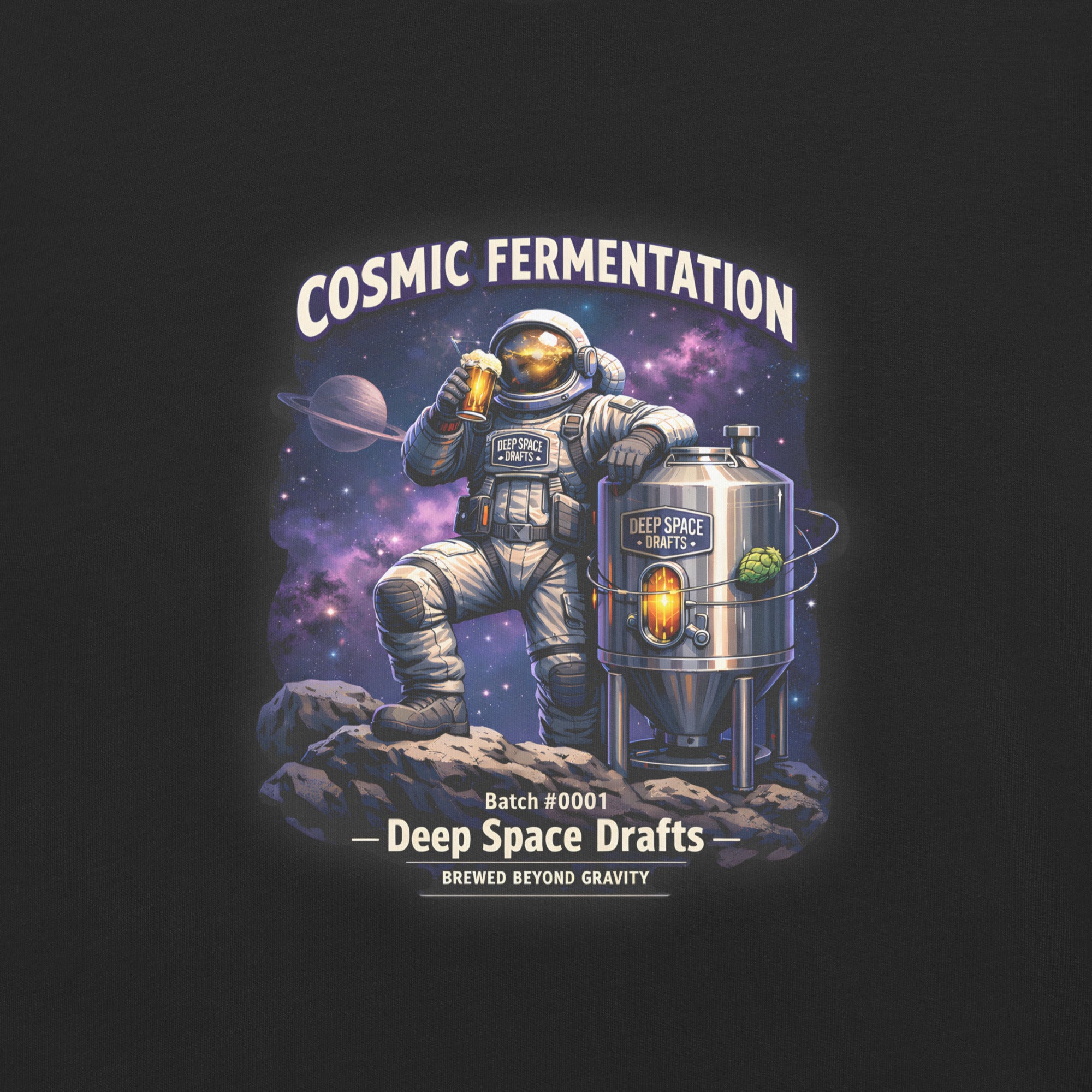 Cosmic Fermentation Batch #0001 Tee featuring astronaut mid-pour and deep space fermenter illustration.
