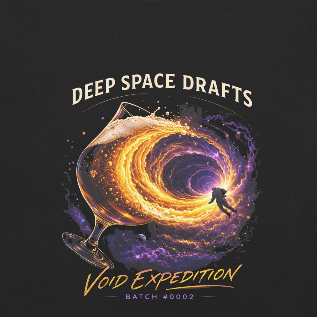 tee featuring deep space drafts and swirling cosmic portal design, Void Expedition Batch #0002.