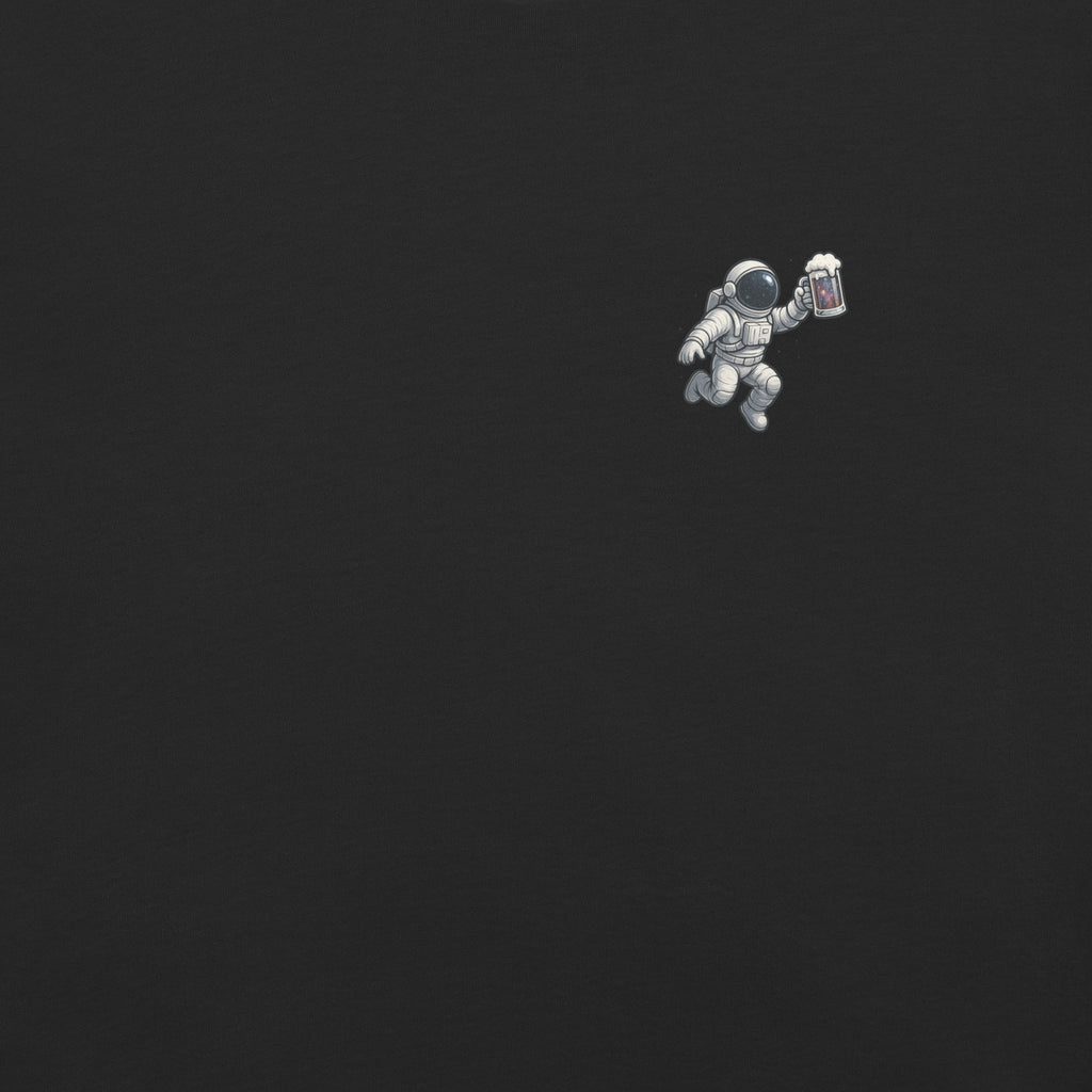 Cosmic Fermentation Batch #0001 Tee featuring astronaut mid-pour and deep space fermenter illustration.