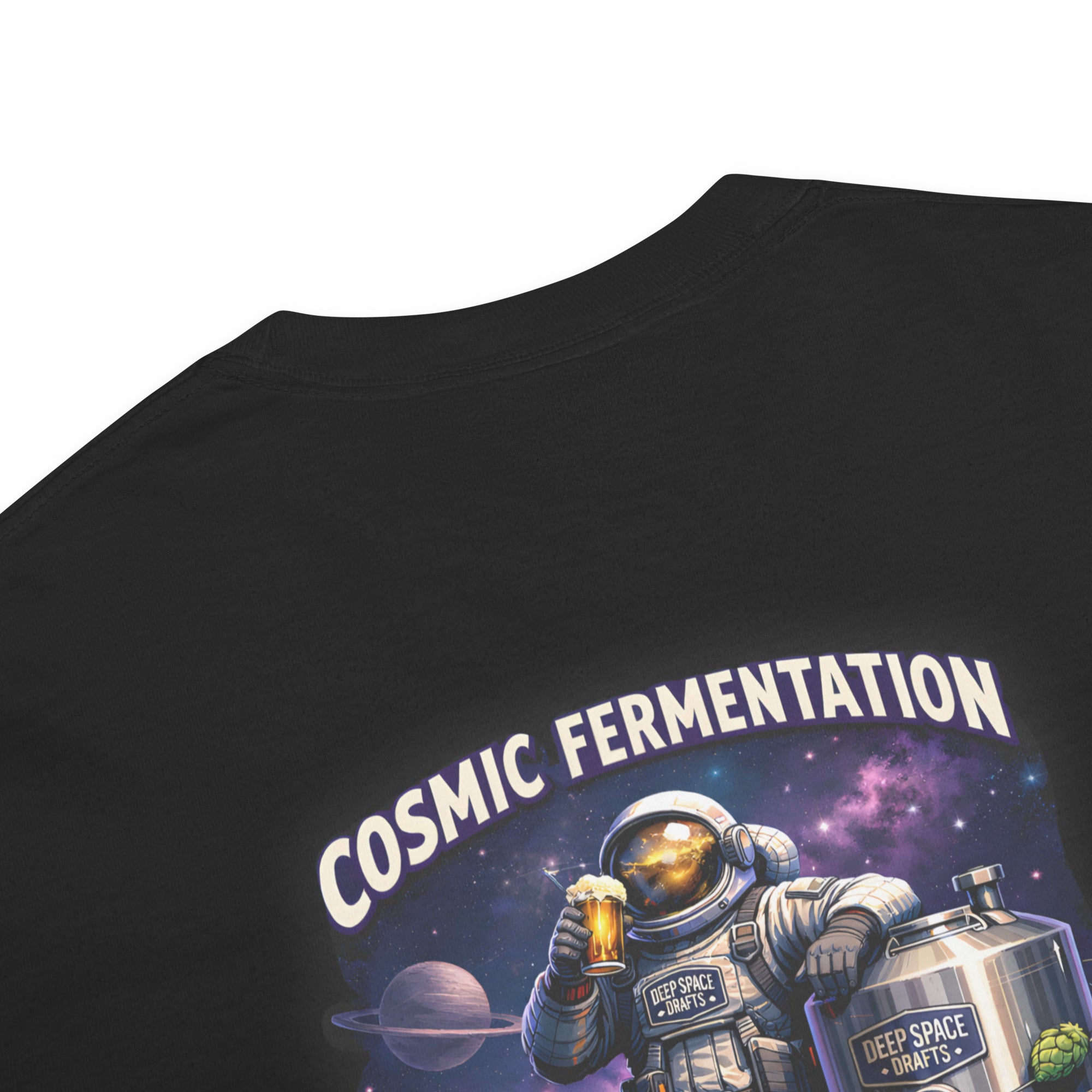 Cosmic Fermentation Batch #0001 Tee featuring astronaut mid-pour and deep space fermenter illustration.