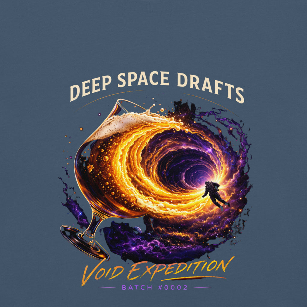 tee featuring deep space drafts and swirling cosmic portal design, Void Expedition Batch #0002.