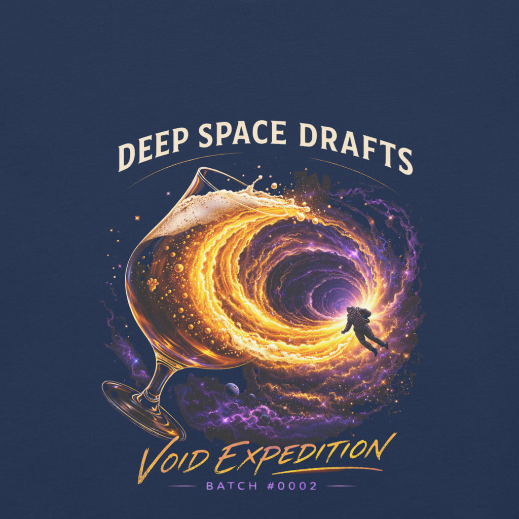 tee featuring deep space drafts and swirling cosmic portal design, Void Expedition Batch #0002.