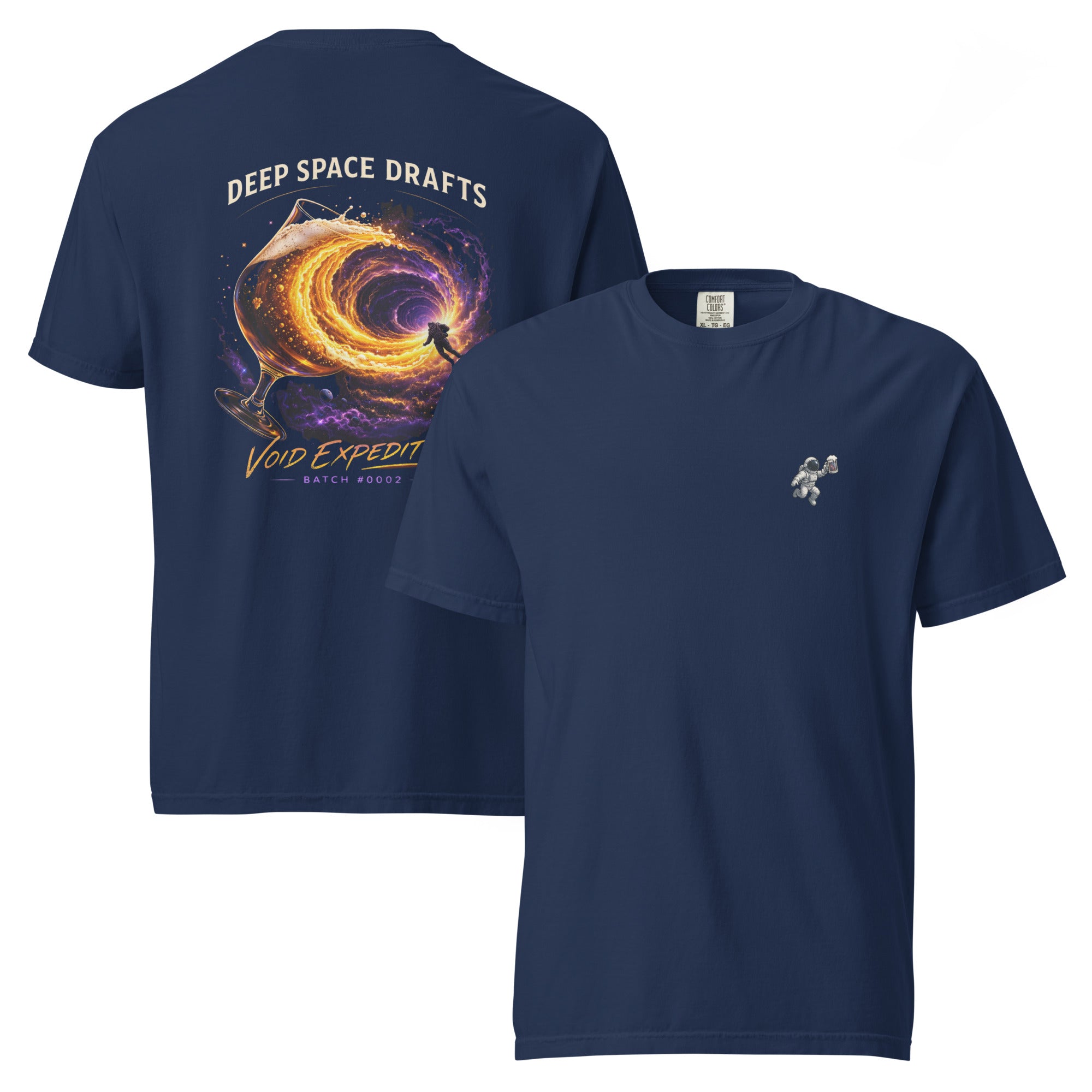 Tee featuring deep space drafts and swirling cosmic portal design, Void Expedition Batch #0002.